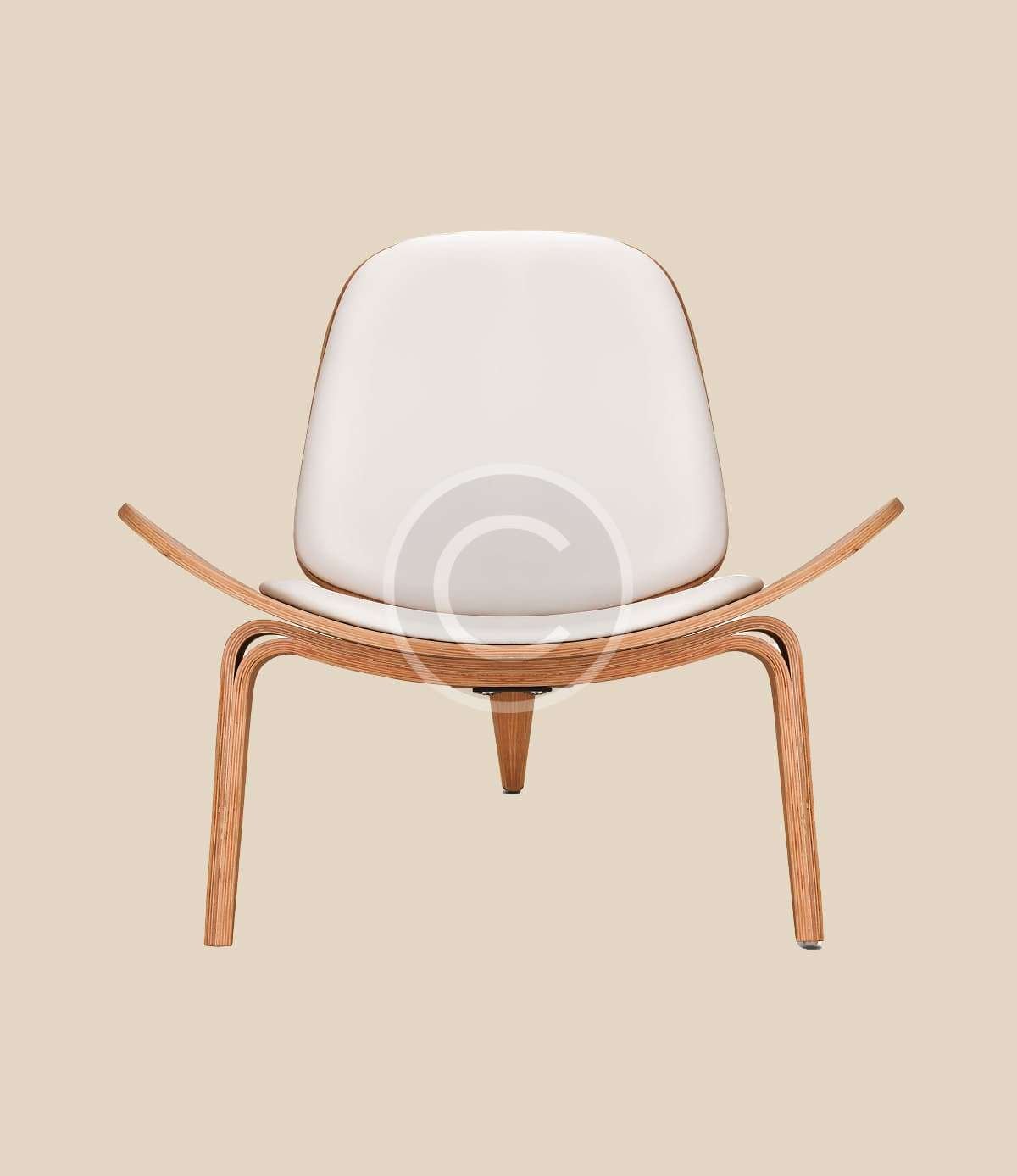 White molded accent chair with wood frame