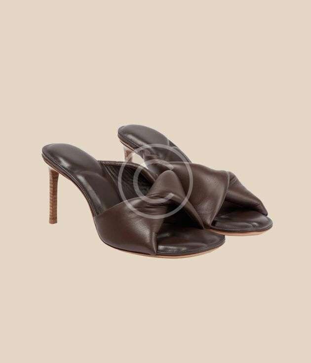 Chocolate ruched leather heeled mules