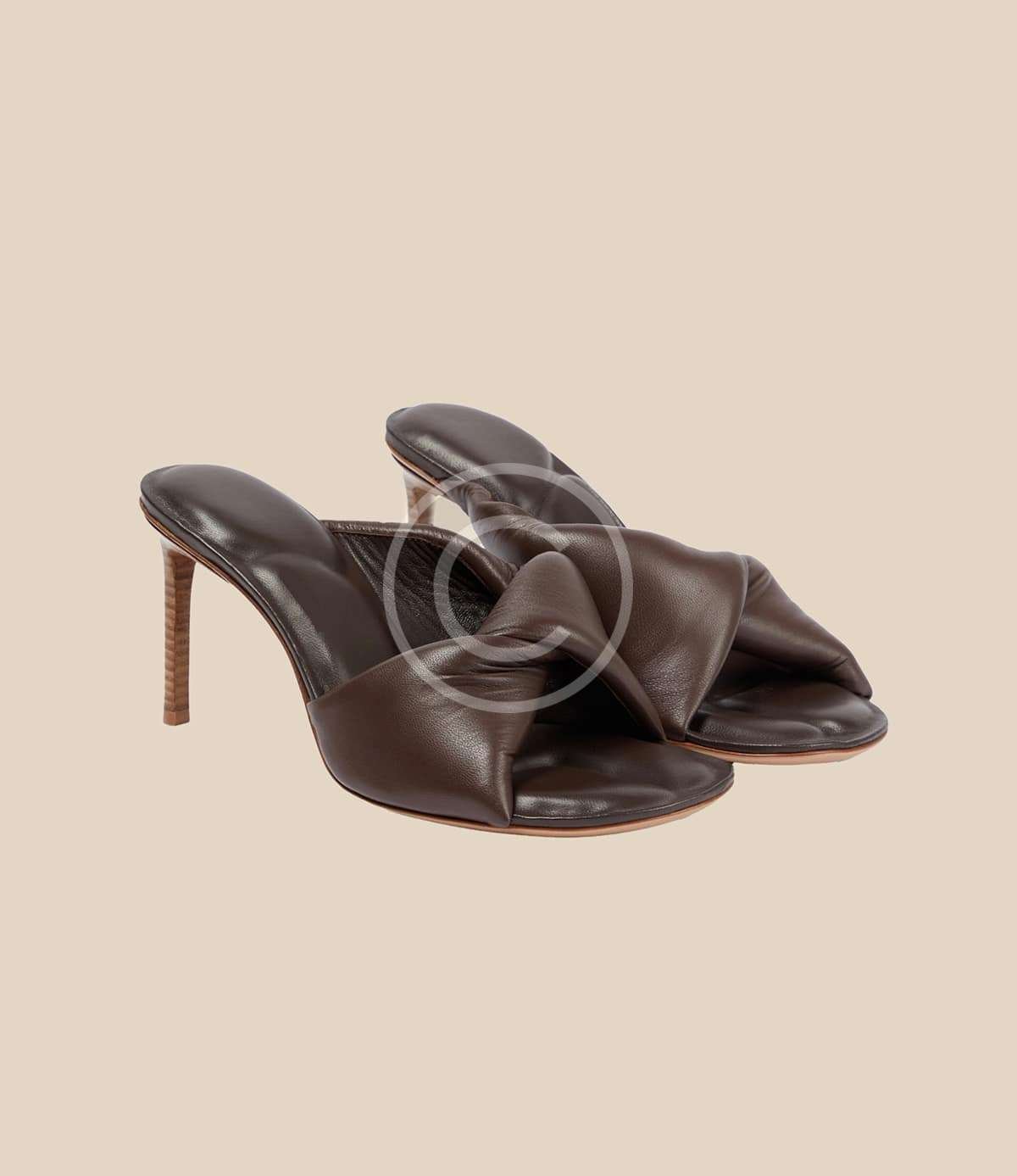 Chocolate ruched leather heeled mules